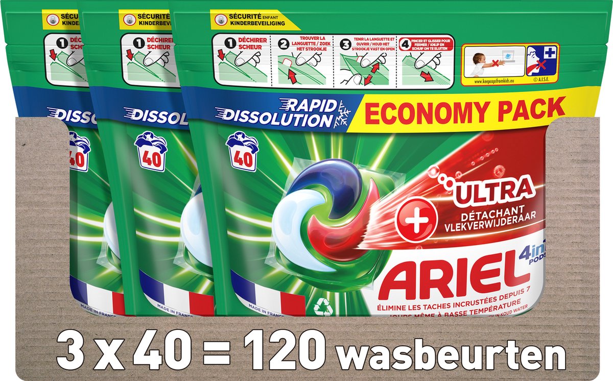Ariel 4in1 Wasmiddel PODS +Ultra Vlekverwijderaar - 120 wasbeurten (3x40) - Ariel