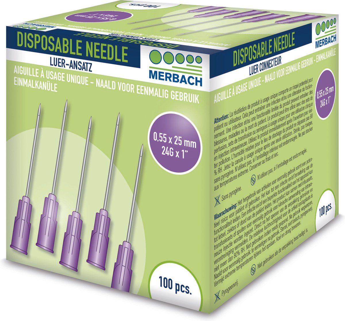 Goedkoopste Voordeelverpakking 3 X Merbach Injectienaalden 24 G x 1 - 25mm paars 100 stuks