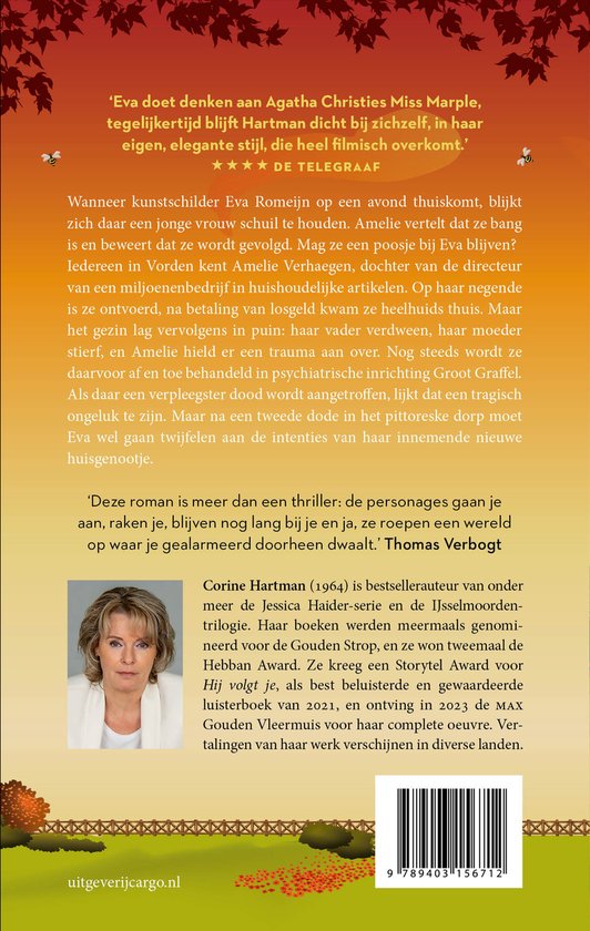 Achterkant van het boek met een foto van Corine Hartman en tekst over het boek.