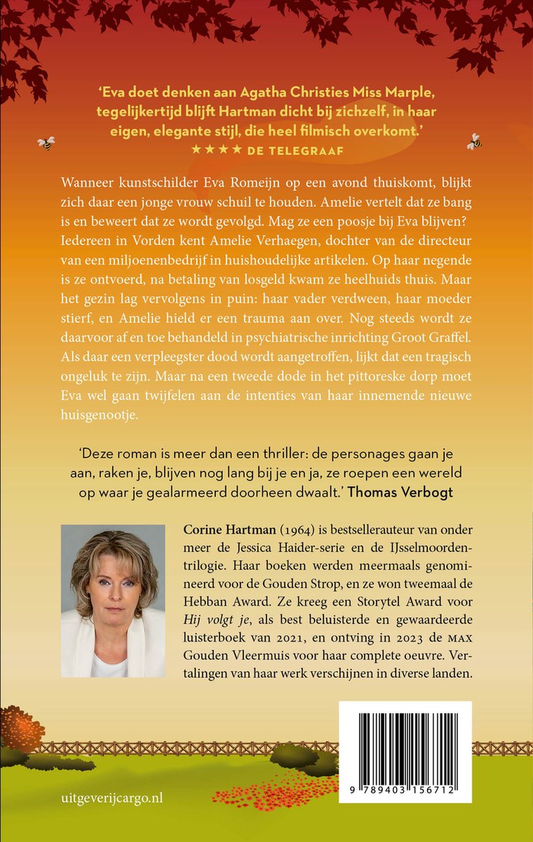 Achterkant van het boek met een foto van Corine Hartman en tekst over het boek.