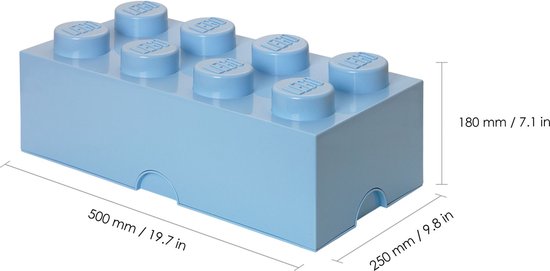 Boîte de rangement LEGO bleu clair à 8 tenons avec dimensions.