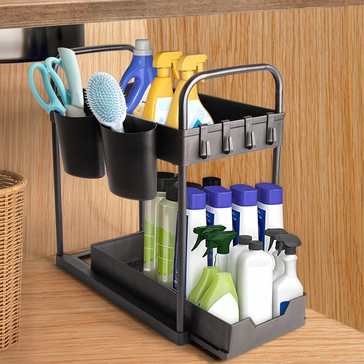 Onder gootsteenorganizer 2 etages gootsteenorganizer uittrekbare onderwastafel rek met 4 haken en 2 kopjes keukenorganizer voor keuken spoelbak kast zwart