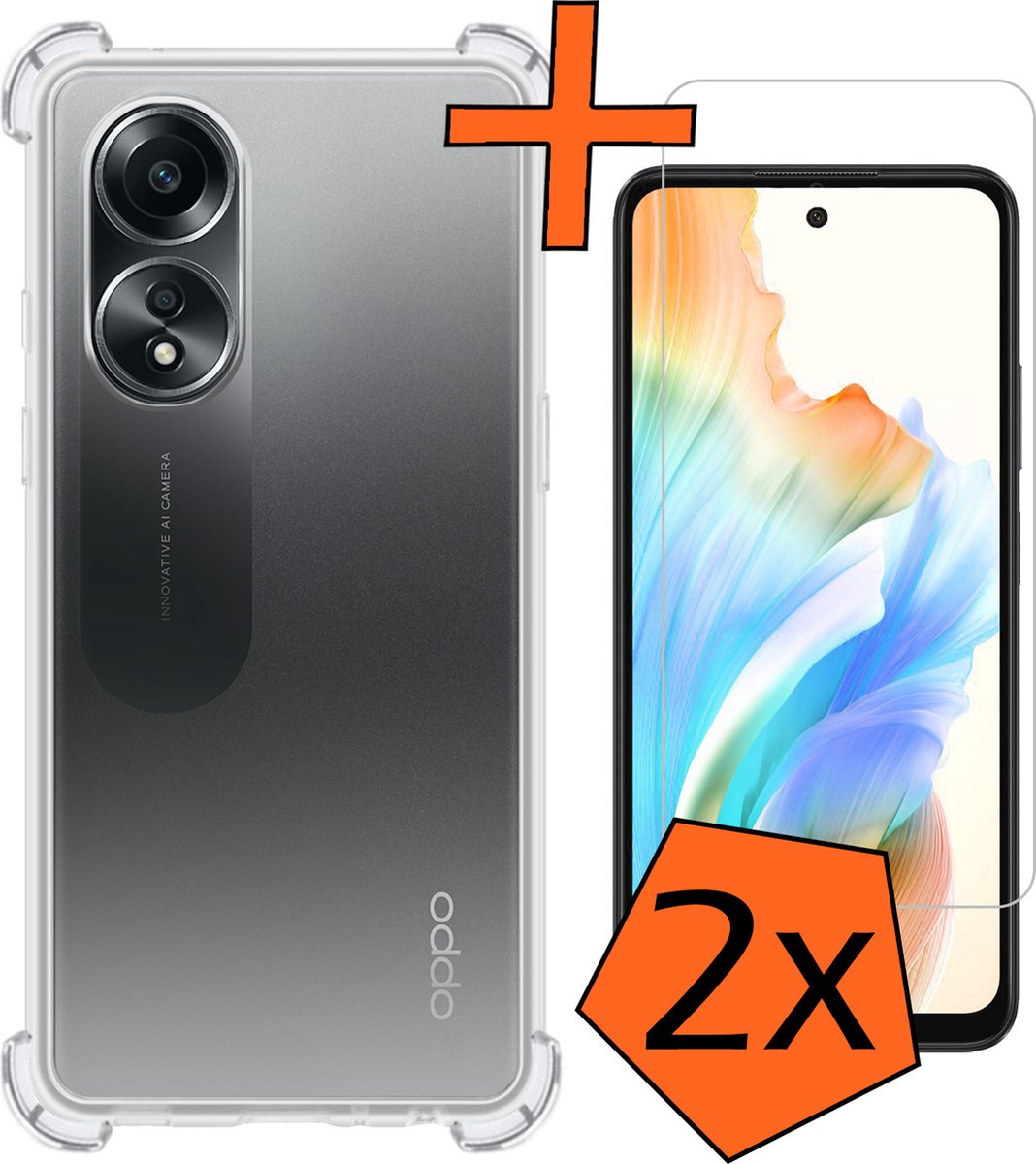 Hoes - Met Screenprotector - 2 Stuks - Geschikt voor OPPO A58 - Sterk & Shockproof - Siliconen Case - Back Cover - Telefoon Hoes - Shock Proof - Transparant