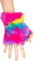 Vingerloze Handschoen Pluche - Neon Regenboog Camouflage - Carnaval - One Size - Unisex - Een Paar