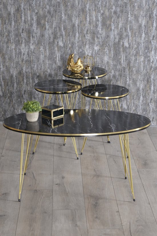 Salontafel Set | Marmeren look | Set van 4 | Zwart | Luxe design | Marmer | Bijzettafel | Sofa tafel Ovaal | Woonkamer tafel | Salon tafel
