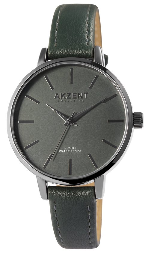 Akzent-Dames horloge-Analoog-Rond-38MM-Antraciet kast-Donker groen lederen band.