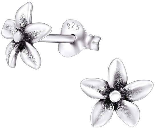 Joy|S - Zilveren lelie bloem oorbellen - 8 mm - Bali oorknoppen geoxideerd