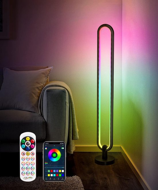 LED Vloerlamp - Smart RGB Vloerlamp - 104 cm - U-vorm - Led - Zwart - Modern- Afstandsbediening - Kamer Decoratie - Dimbaar - 6 Kleurmodi