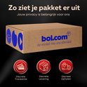 Een bruine kartonnen doos van bol.com met het logo, ter illustratie van discrete verpakking, levering en ophalen.