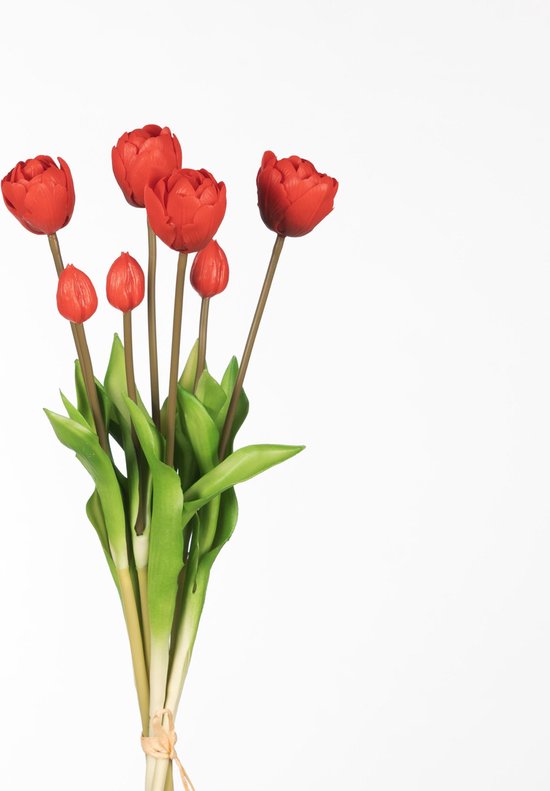 Real Touch Tulip Dubble Bundle x7 L44cm Red - Real Touch Tulpen - rood- Tulpen - Kunstbloemen - Kunst Tulpen - Kunst Boeket - Tulp - 44 CM - Zijden Bloemen - Latex Bloem - Bruiloft - Voorjaar - Lente