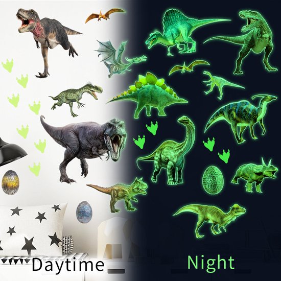 Glow In The Dark Dino / Dinosaurus / Dinos / Dinosaurus / Dinosaures décoration de pépinière bouton lumineux veilleuse autocollant mural 20 × 30 CM * 4