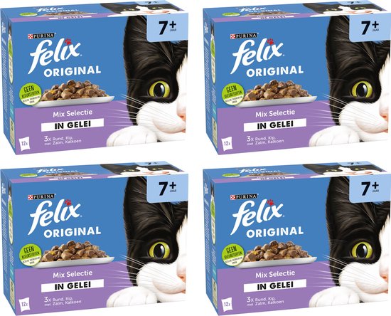 Felix Original in Gelei 7+ Senior Mix Selectie - Kattenvoer Natvoer - Rund Kip Kalkoen & Zalm - 48 x 85 g