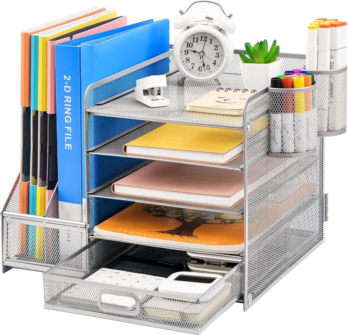 Bureau-organizer met dossierhouder, 5-laags brievenbak-opbergvakken met lade en 2 pennenhouders, mesh-bureaublad met tijdschriftenhouder voor kantoorbenodigdheden (zilver)