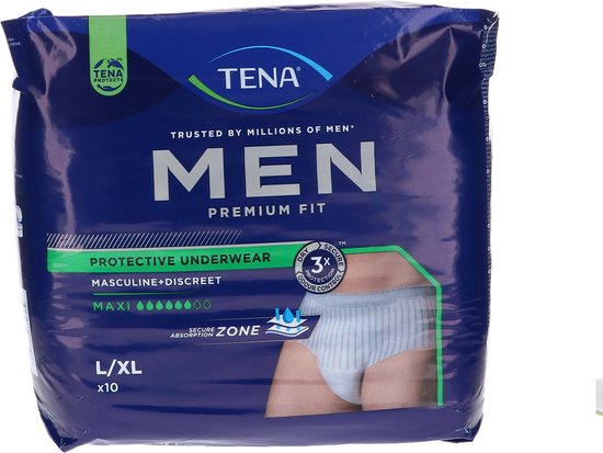 TENA Men Premium Fit beschermende ondergoed, L/XL, 10 stuks. Blauwe verpakking met tekst en een afbeelding van de onderbroek.