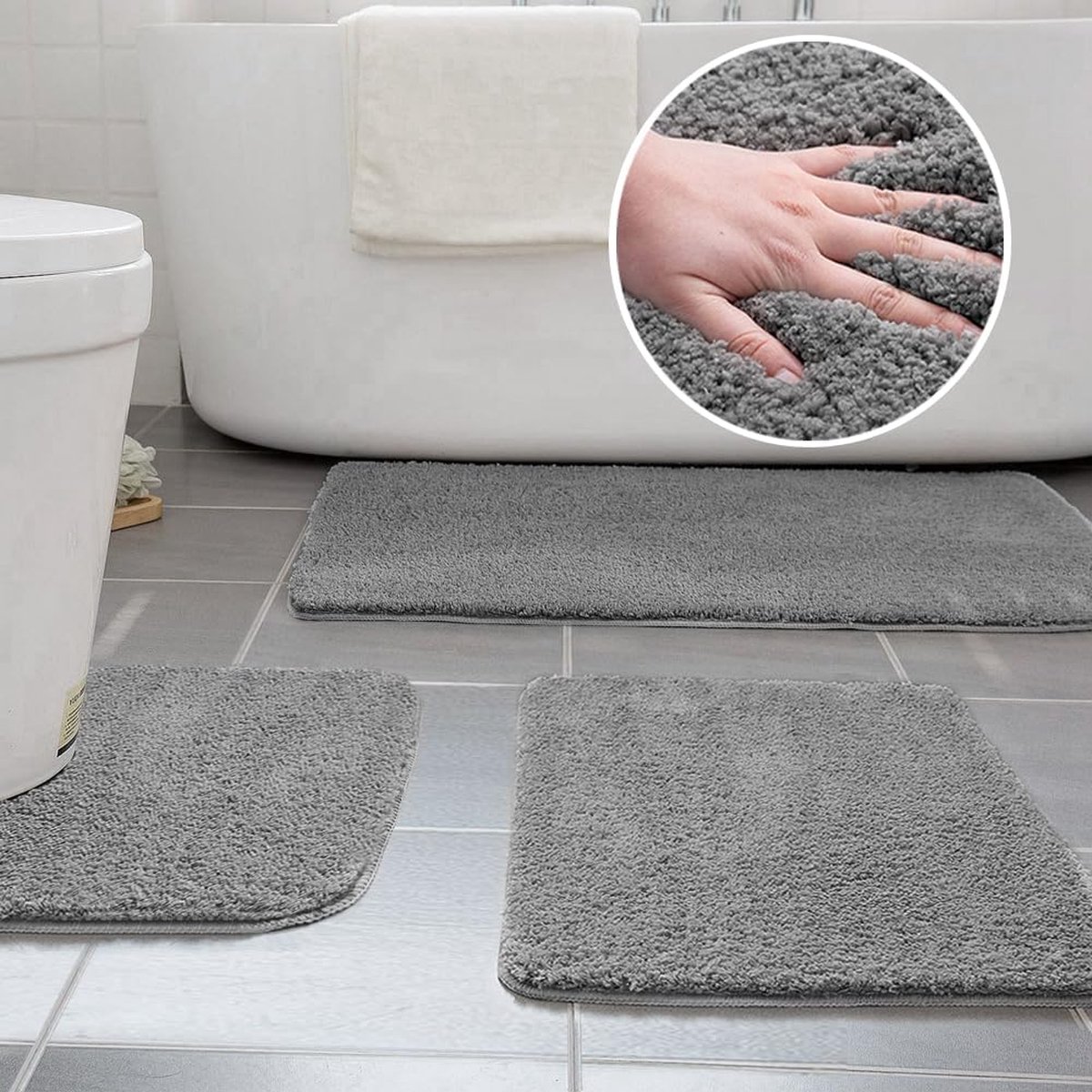 Badmattensets 3 stuks antislip microvezelbadmatten wasbaar 40 x 50 cm U-vormige toiletmat, 50 x 60 cm kleine badmat, 50 x 80 cm badmat (grijs)