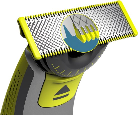 Close-up van een Philips OneBlade mesje met gedetailleerde uitleg van de mesjes.