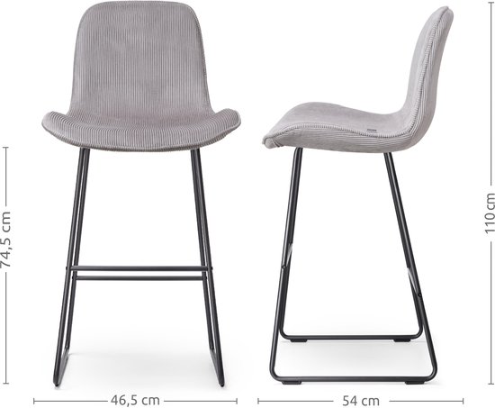 Nolon Nino-Fé Set de 2 Tabourets de bar Nervurés Grijs Chaud - Piètement Zwart - 75 cm - Chaise de Bar - avec Dossier - Tissu - Cuisine