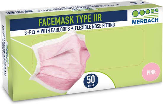 Voordeelverpakking 3 X Merbach mondmasker roze 3-lgs IIR oorlus 50 stuks