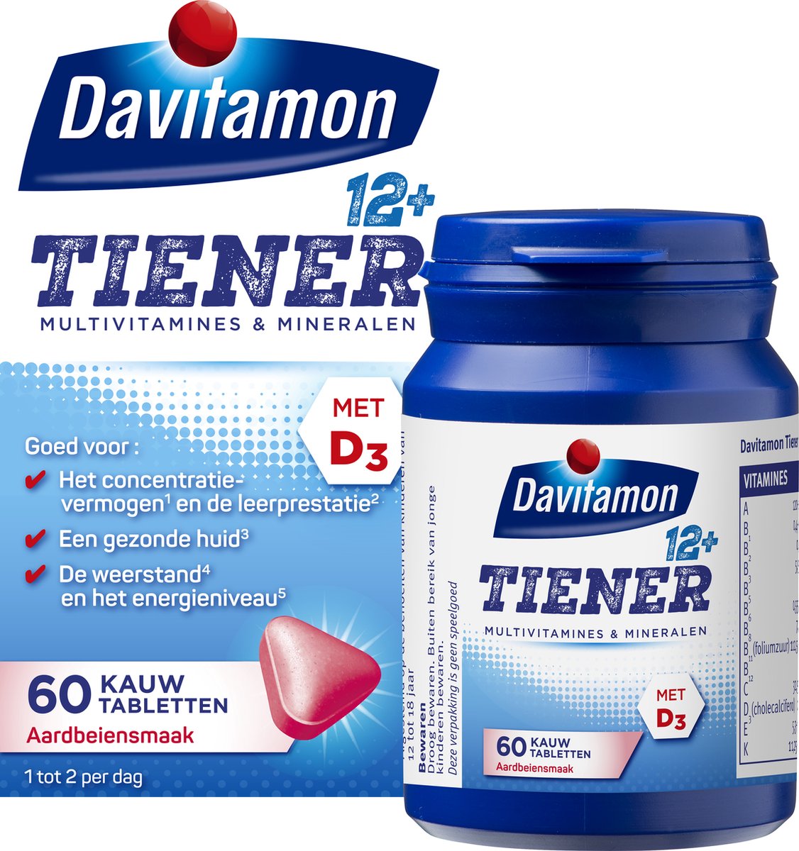 Davitamon Multi Boost 12+ Kauwvitamines - multivitaminen kinderen – aardbei smaak - 60 kauwtabletten - Davitamon