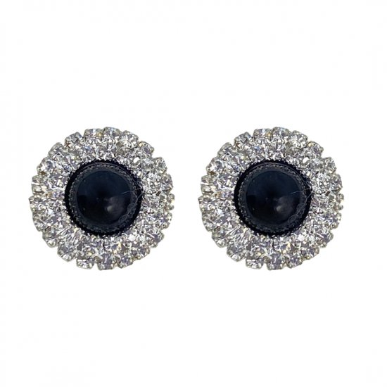 Clip oorbellen -dubbel- strass -zwart -2.5 cm- zilverkleur- Geen gaatje- Charme Bijoux