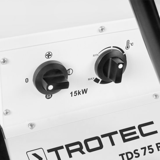 Bedieningspaneel van de Trotec TDS 75 R met draaiknoppen voor ventilator en temperatuurinstelling.