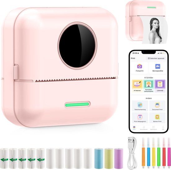 Ilona® Mini printer voor mobiel - Pocket printer - Premium Mini Fotoprinter - Draagbare Smartphone Printer - Mobiele fotoprinter - Sticker printer - Roze - Incl. 5 Rollen Zelfklevend Papier + 5 Rol Wit Papier + 3 Rollen Gekleurd Papier + 5 Pennen