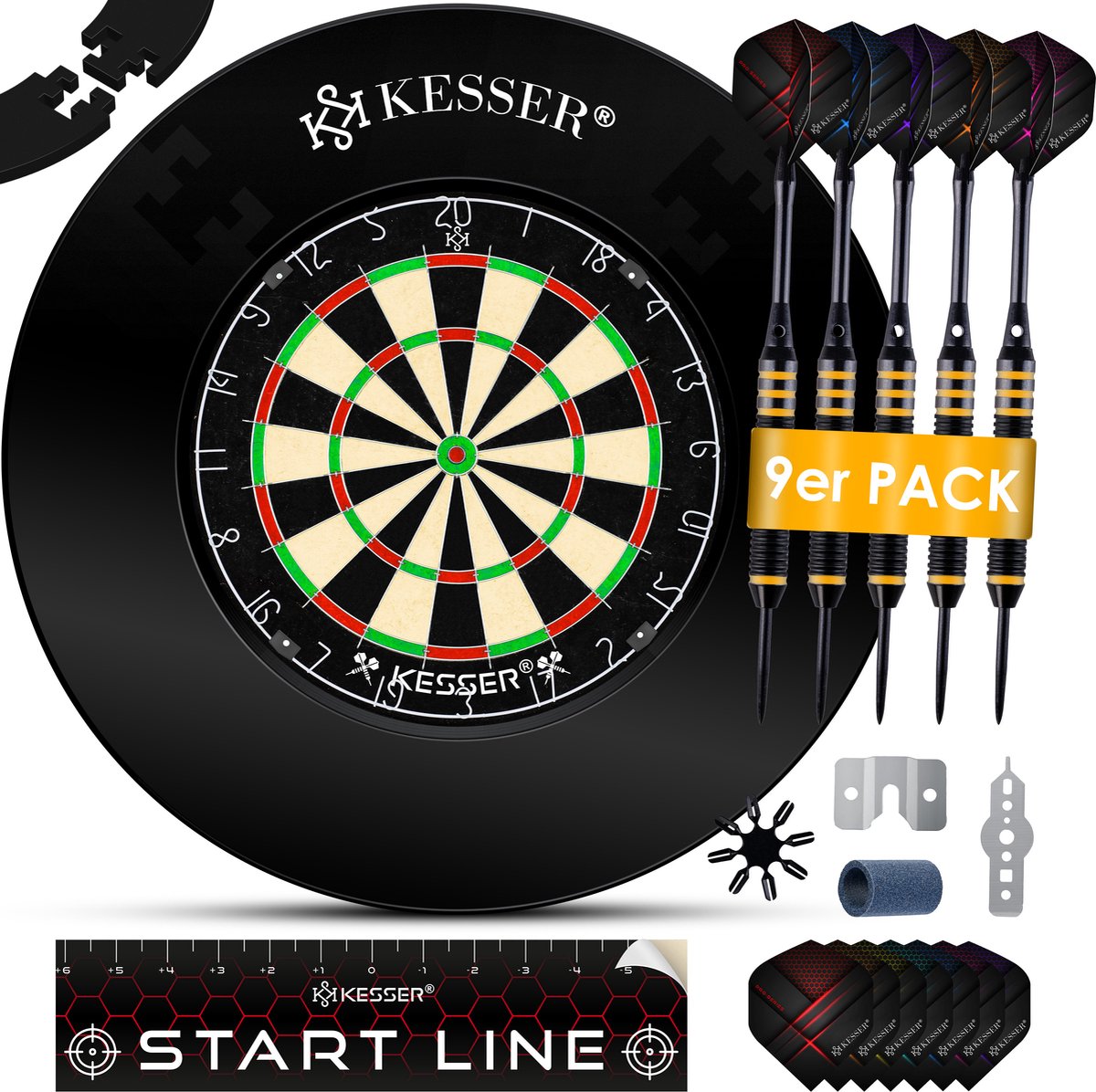 KESSER® Dartbord Sisal met Surround Ring Zwart - 38-delige Dart Set inclusief 9x Dartpijlen en 21x Dartflights + Accessoires