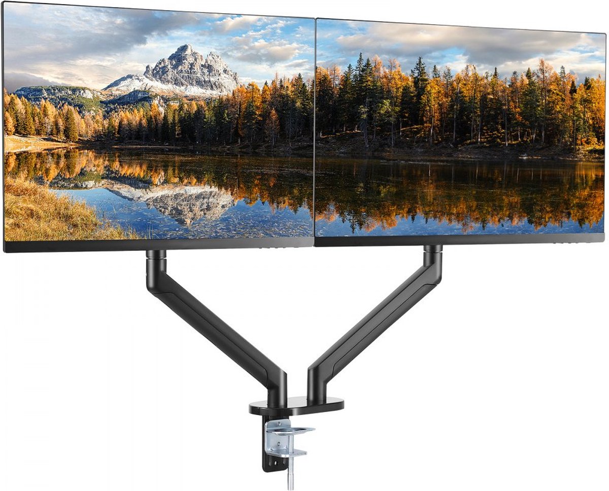 monitorbeugel draagarm voor 2 monitoren 330-889 mm, in hoogte verstelbare tafelbeugel, 75 x 75 mm en 100 x 100 mm VESA-patroon monitorbeugel 360 graden rotatie kantelbaar, zwart