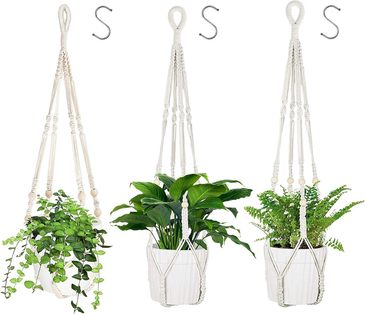 Bloemenhanger, macramé, plantenhouders, 3 stuks, katoenen touw, hanghanger, bloempot, plantenhouder, hangers voor binnen en buiten, plafond, balkon, wanddecoratie, 90 cm