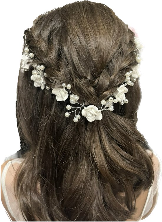 haarband - diadeem-bloemenkroon-handgemaakte haaraccessoires-wit zilver-bloemetjes-parels-bruiloft-bruidsmeisje-communie -lentefeest-fotoshoot-verjaardag - Merkloos