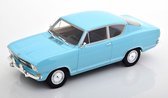 De 1:18 Diecast Modelauto van de Opel Kadett B Kiemen Coupé uit 1966 in lichtblauw. De fabrikant van het schaalmodel is Cult Models. Dit model is alleen online verkrijgbaar