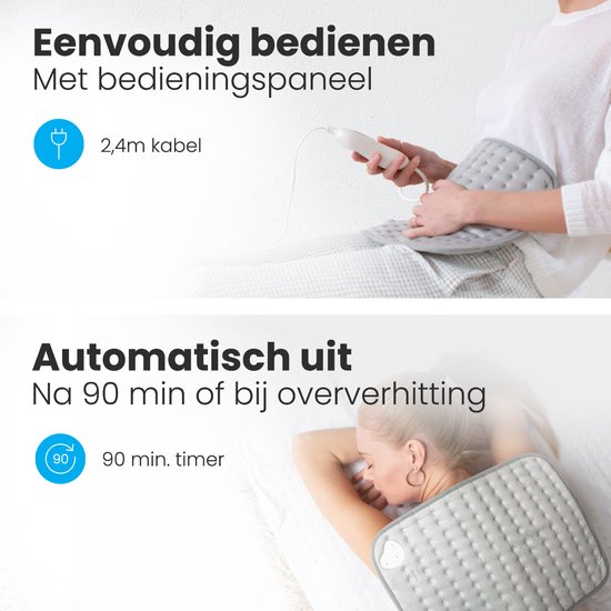 Vrouw gebruikt een warmtekussen en slaapt met een warmtekussen op haar rug, met de tekst "Automatisch uit na 90 min".