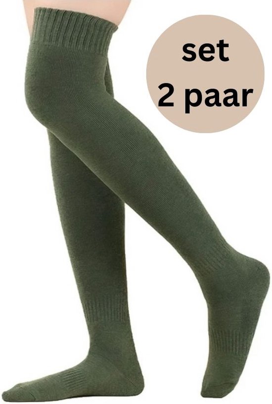 Damessokken - set van 2 paar warme overknee kousen groen - gevoerd - wintersokken - maat 36-40 - stretch - huissokken - wintersport