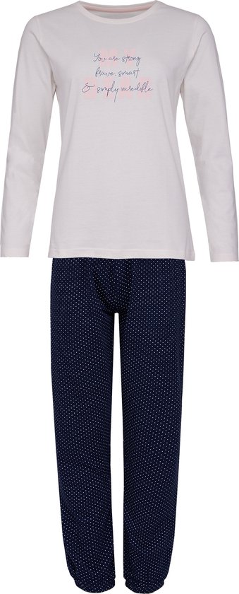 By Louise Dames Pyjama Set Lang Katoen Off White / Donkerblauw Gestipt - Maat M