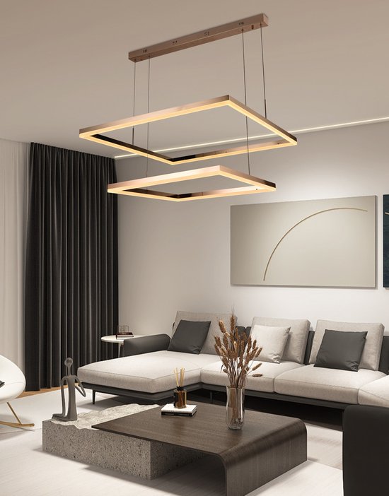 Chandelix - Lampe suspendue moderne - 2 carrés - Lampe intelligente - LED - avec télécommande et application - Intensité variable - Hauteur réglable - Industriel - Salon - Chambre - Or