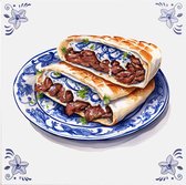 Delfts blauw tegeltje broodje kebab design