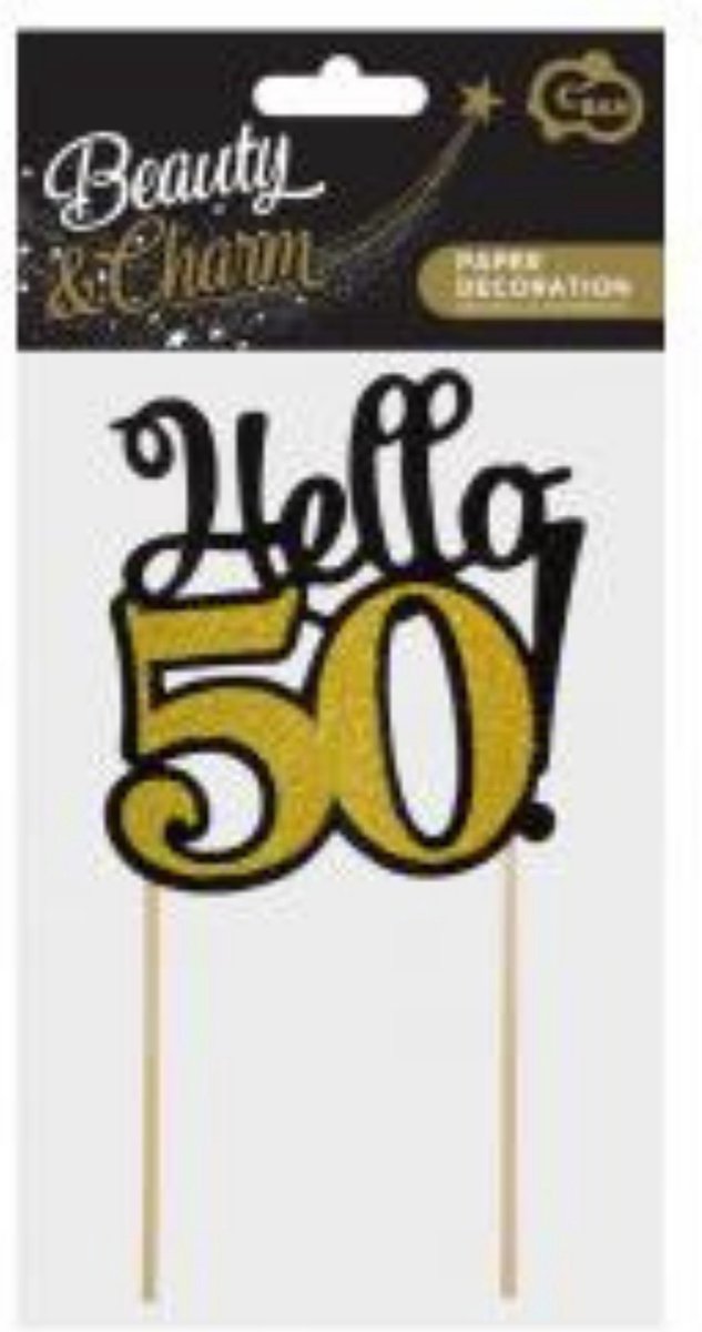 Taarttopper Hello 50 | Zwart & goud | 10 x 19cm