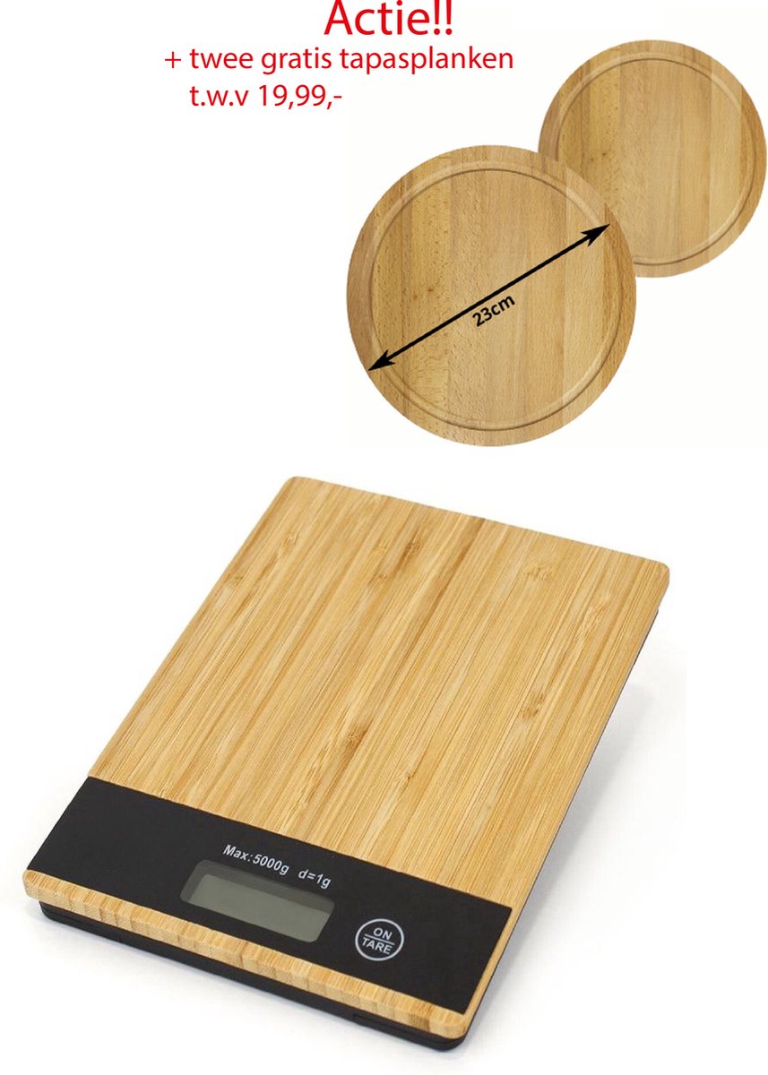 (COMBI DEAL) Keukenweegschaal + twee gratis tapas planken t.w.v. 19,99.) Bamboe Hout - Digitale Precisie - Tara functie - Deluxe - tot 5KG - Incl. Baterijen