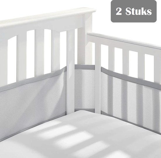 2 Stuks - Baby Bedomrander - Bedbumper Ledikant Wieg Box - Grijs - 160x30 en 340x30cm