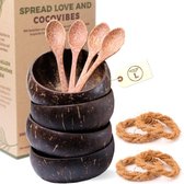 Set van 4 mueslikommen van kokosnoot met houten lepel en onderzetter/natuurlijke mueslikom/smoothie bowl-kom/veganistisch duurzaam ontbijtkom