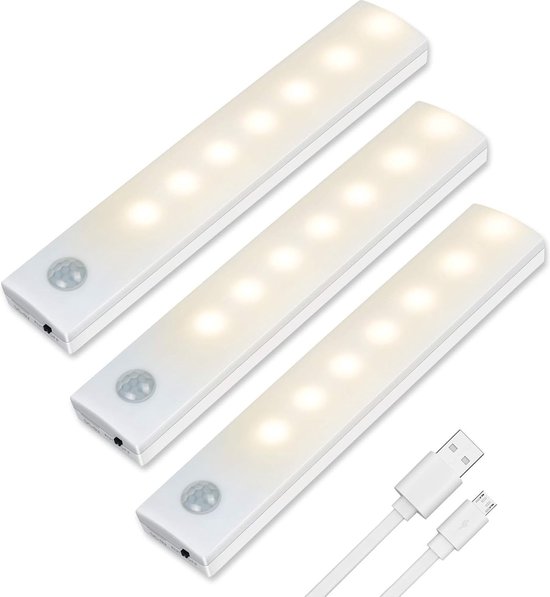 3-Pack LED Onderkast automatische led Verlichting met bewegingssensor - Oplaadbare, Warm-wit Licht met Magneetstrip voor Keuken, Kledingkast, Trap - Modern Sensor Nachtlicht