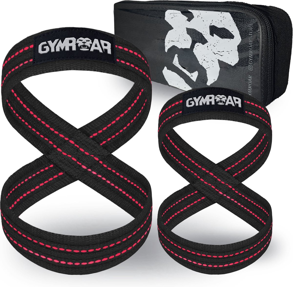 Gymroar Premium Figure 8 Lifting Straps (met Opberghoes) - Anti Slip Deadlift Straps - Bodybuilding - Powerlifting - Lifting belt - Zwart/Rood - S