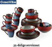 CasaVibe Luxe Serviesset – 32 delig – 8 persoons – Porselein - Bordenset – Dinner platen – Dessertborden - Kommen - Mokken - Set - Glazuur - Rood - Blauw