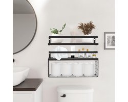 Wandplank in Industrieel, Zwevende Plank Wandplank van hout 40 cm, met metalen opbergmand zwart zwevende plank muur voor badkamer, slaapkamer woonkamer keuken thuiskantoor