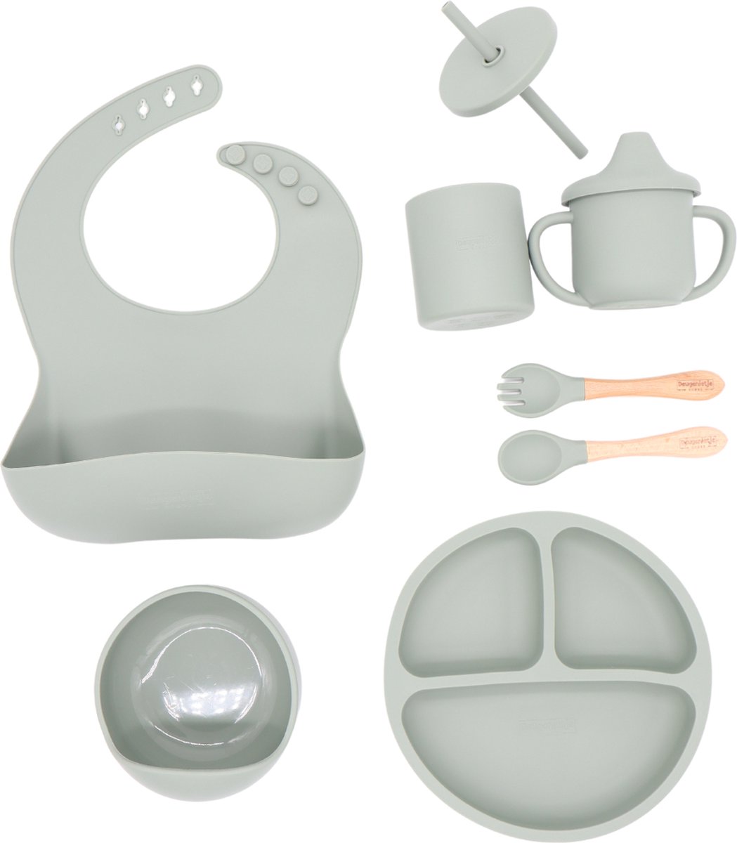 Deugenietje - Kinderservies - Complete Set - 9 Delig - Baby en Peuter- Siliconen - Pastel Groen
