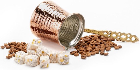 DEMMEX Turks-Griekse Arabische koffie maken en serveren volledige set met kopjes schotels deksels suikerkom lade en koperen koffiepot, hand versierd met gouden kristallen, 12 stuks (zilver