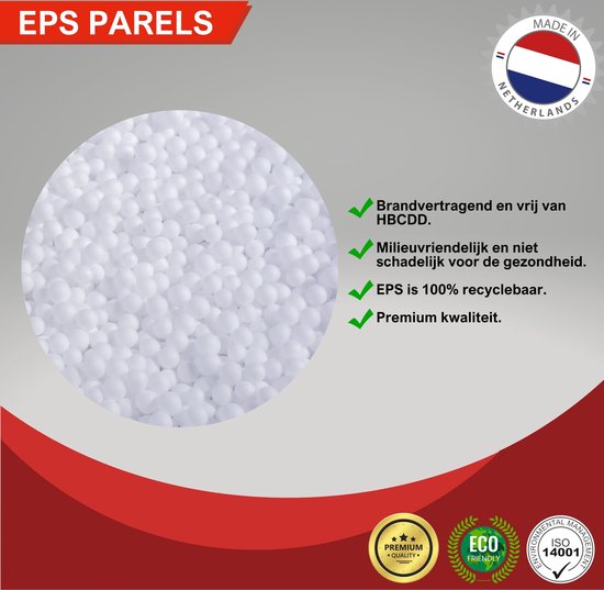 Witte EPS parels in close-up, met vlamvertragende en milieuvriendelijke kenmerken.