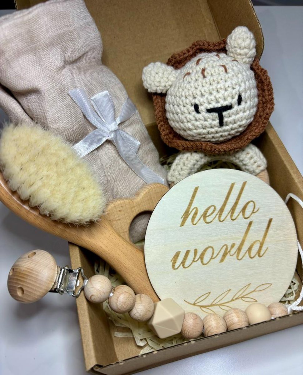Playos® - Baby Giftset - Leeuw - Bruin - 6 delig - Kraamcadeau - Bijtring - Speenkoord - Babyshower - Geschenkset Baby - Baby Speelgoed - 0 Jaar - Geboortecadeau