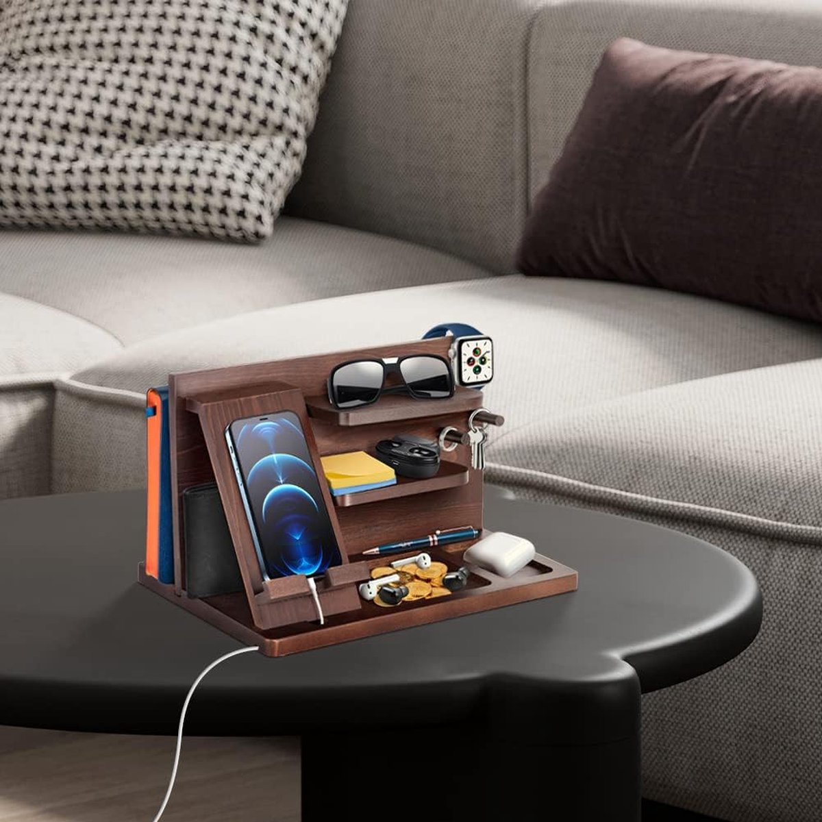 Cadeau voor mannen, multifunctionele houten organizer met haken, Kerstmis, cadeau, bureautelefoonhouder voor mannen, cadeau voor echtgenoot en vrouw, verjaardag, kerstcadeau, natuurlijk essenhout