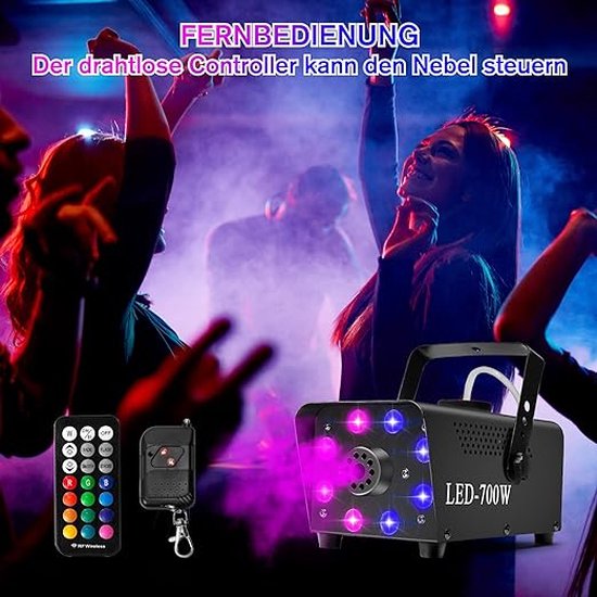 Mistmachine RGB-effect, 13 kleuren, 8 ledlampen, rookmachine, met 2 bedrade en draadloze afstandsbedieningen. - Merkloos